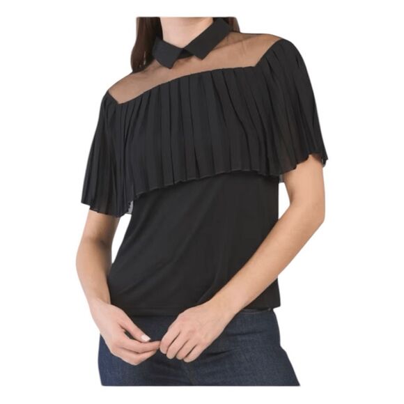 For Cynthia Chiffon Pleated Blouse Black Sheer Mesh Collard Short Sleeve Pull-Ov - Picture 1 of 8